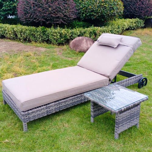 Luxury Mixed Grey Aluminium Framed Rattan Lounger &amp; Table with Tempered Glass